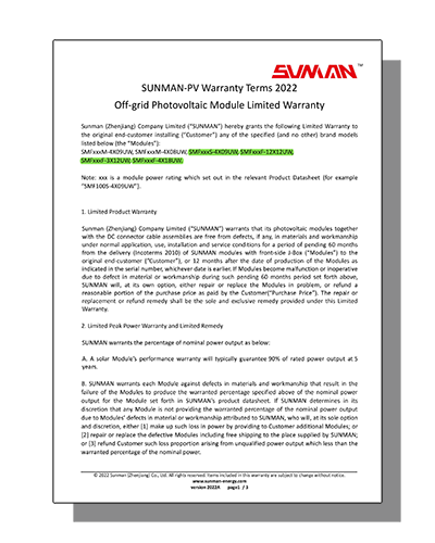 Sunman PV Warranty Terms 2022 - Off-grid Photovoltaic Module Limited Warranty