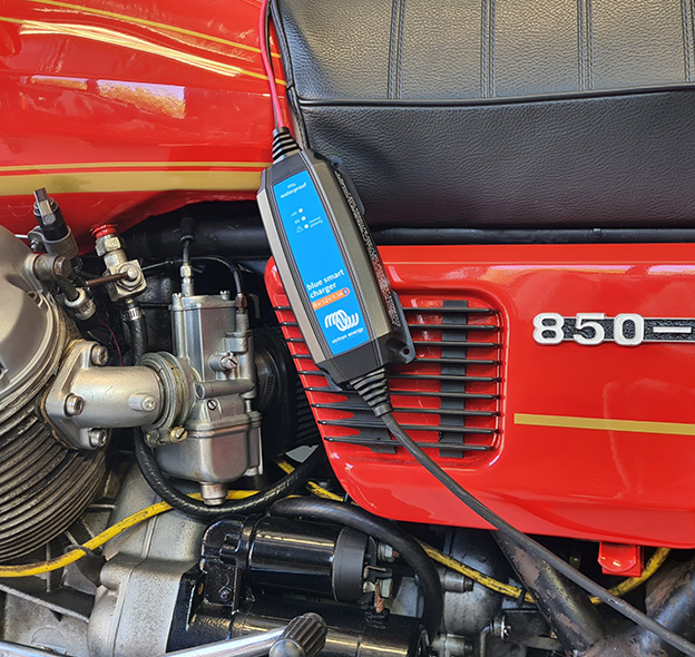 Charger in use on a vintage motorcycle