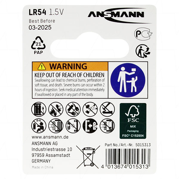LR54-BP1(A) Ansmann 5015313 LR54 Alkaline Battery. Replaces 189