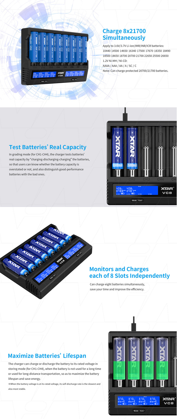 XTAR VC8 XTAR 18 Cell LiIon/NiMH Battery Charger with Capacity Test