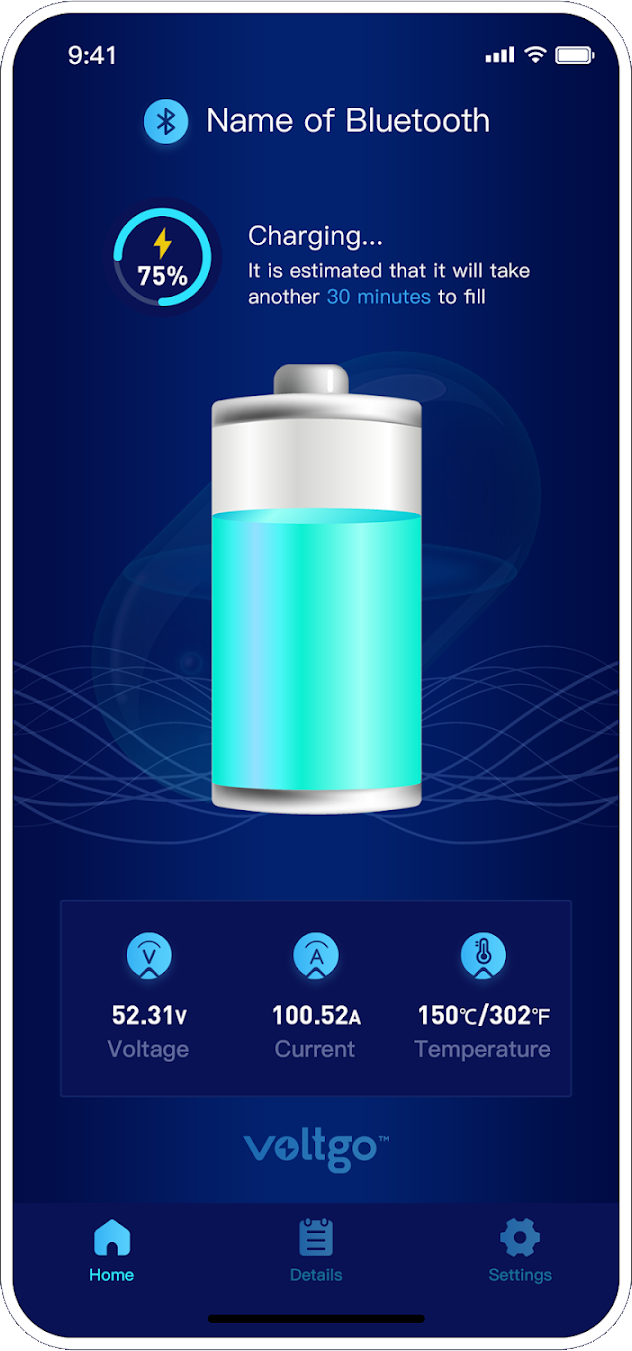 App screenshot showing battery level and status