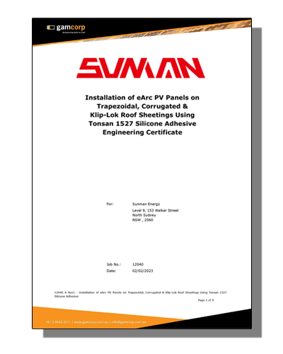 Installation of eArc PV Panels on Trapezoidal, Corrugated & Klip-Lok Roof Sheetings Using Tonsan 1527 Silicone Adhesive