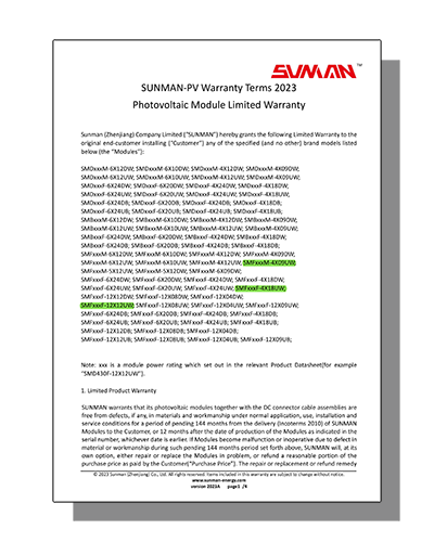 Sunman PV Warranty Terms 2023
