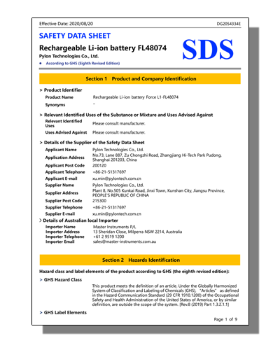 Safety Datasheet for Force L1 Series