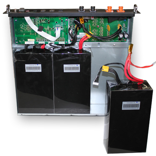 Photo of 3 batteries connected within a US rack mount system